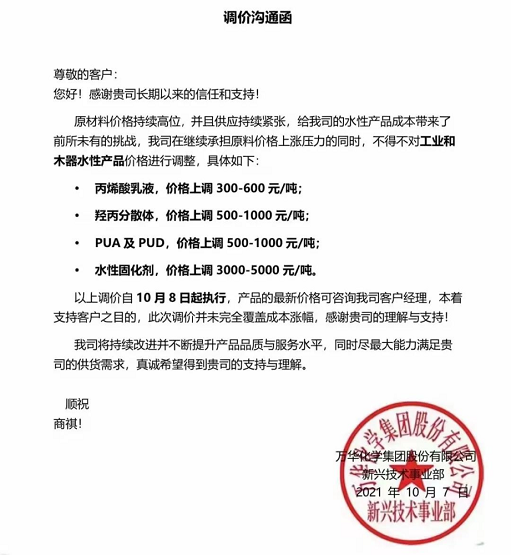 萬華化學發布調價溝通函