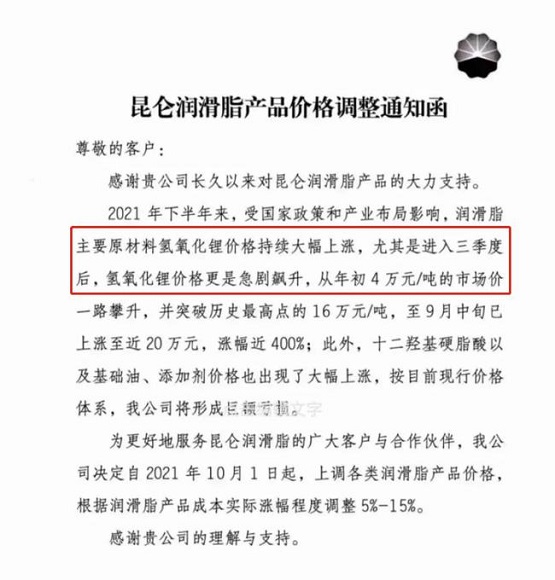 昆侖潤滑油的調價通知單