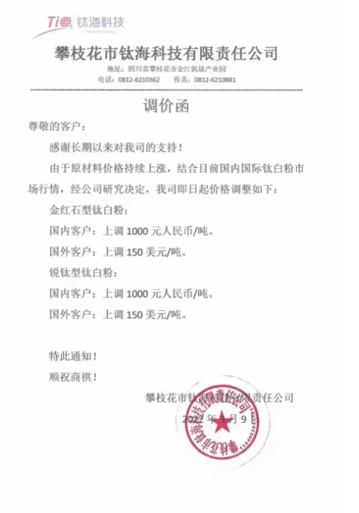 攀枝花市鈦海科技有限責(zé)任公司發(fā)布調(diào)價函稱