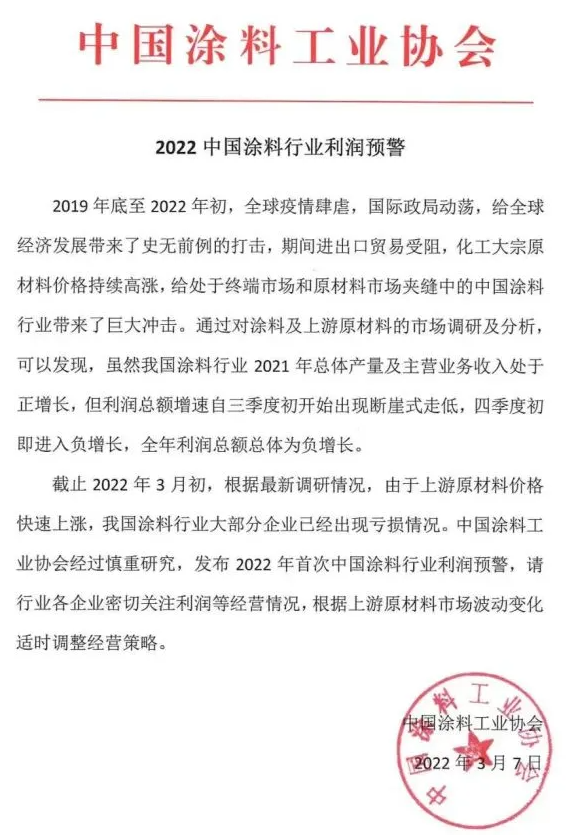 涂料行業預警