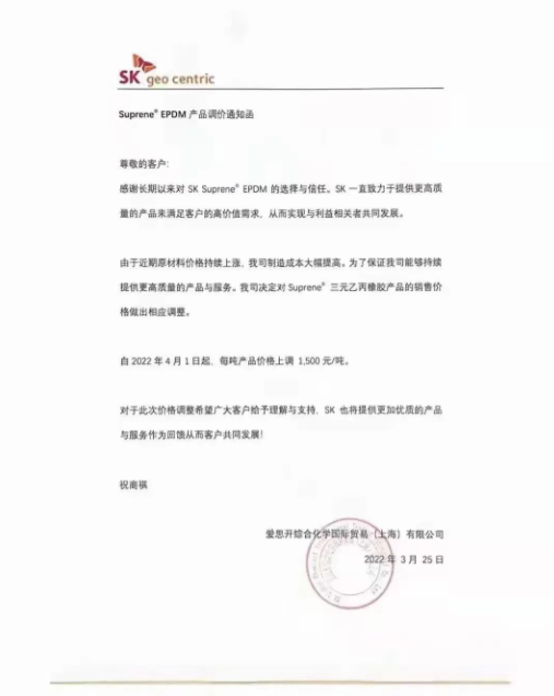愛思開發(fā)布SK Suprene? EPDM產(chǎn)品漲價(jià)通知,自4月1日起,將該產(chǎn)品每噸價(jià)格上調(diào)1500元。 愛思開發(fā)布SK Suprene? EPDM產(chǎn)品漲價(jià)通知,自4月1日起,將該產(chǎn)品每噸價(jià)格上調(diào)1500元。