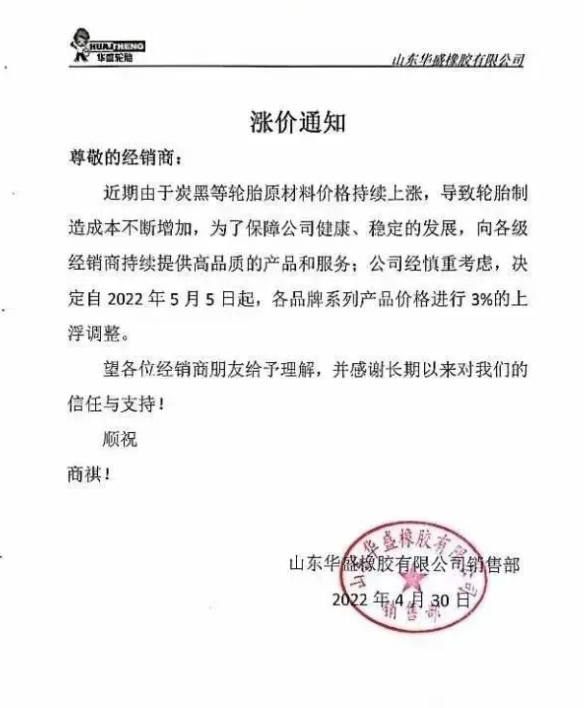 山東華盛橡膠有限公司決定自2022年5月5日起,各品牌系列產品價格進行3%的上浮調整。 山東華盛橡膠有限公司決定自2022年5月5日起,各品牌系列產品價格進行3%的上浮調整。