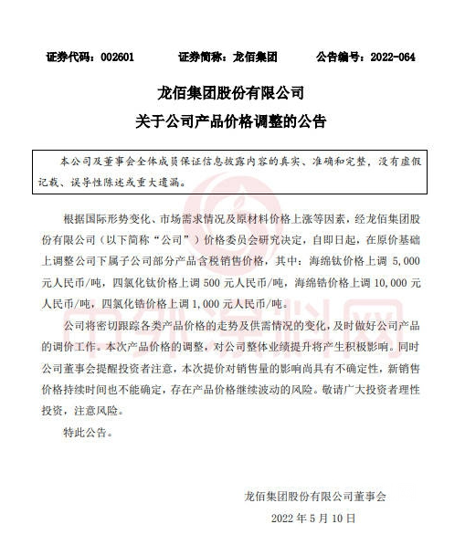 漲“鈦“狠！龍佰集團今年漲3次！原料、涂料、防水繼續開漲！