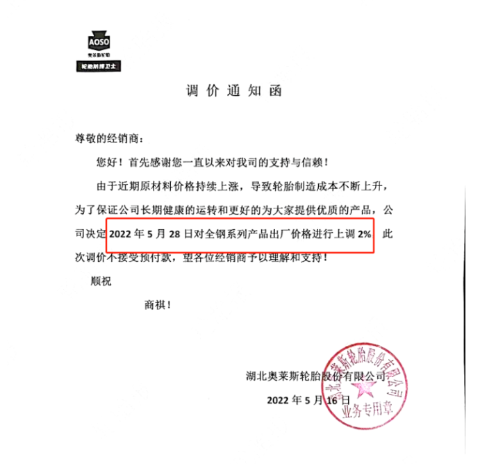湖北奧萊斯輪胎也宣布漲價，同樣由于制造成本的上升，宣布自5月28日起，對全鋼系列產品出廠價上調2%。