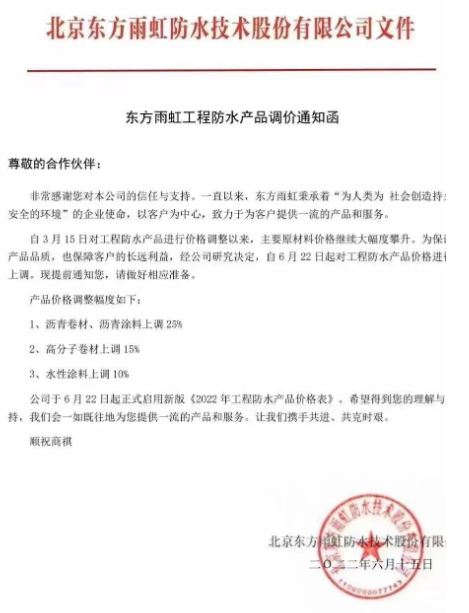 頂不住了！東方雨虹率先看漲！防水材料漲價潮來襲！ 