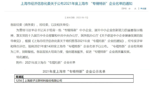 君子蘭榮登上海“專精特新”企業名單