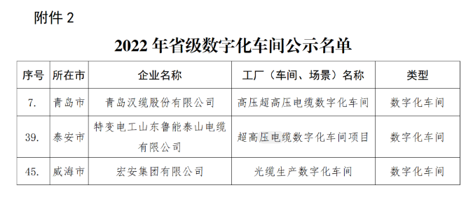 青島漢纜、特變電工山東魯能泰山電纜、宏安集團入選2022年省級數字化車間公示名單