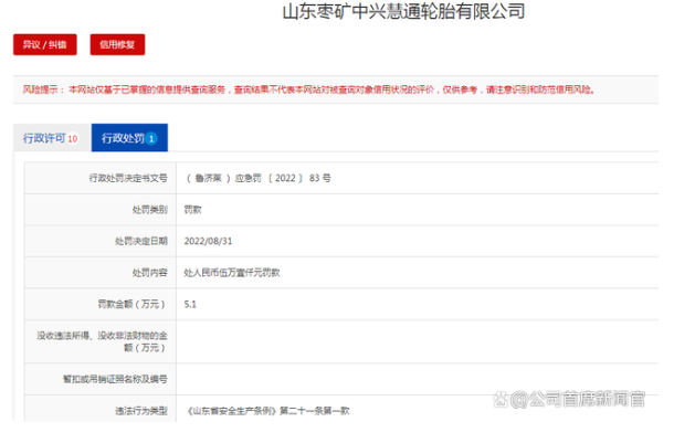 未按規(guī)設置安全總監(jiān)，山東棗礦中興慧通輪胎公司被罰5.1萬