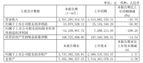 上半年，風神輪胎實現營業收入23.91億元，同比(下同)下降20.7%;歸屬于上市公司股東的凈利潤為1087.95萬元，下降56.82%;扣除非經常性損益的凈利潤為虧損1225.90萬元，上年同期為盈利728.82萬元。