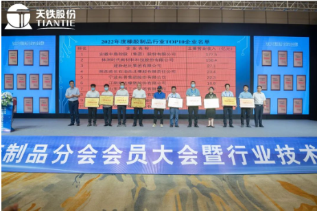 中國橡膠工業協會副會長兼秘書長雷昌純、分會第九屆理事長王永剛為2022年度中橡協橡膠制品行業TOP10企業頒發牌匾。