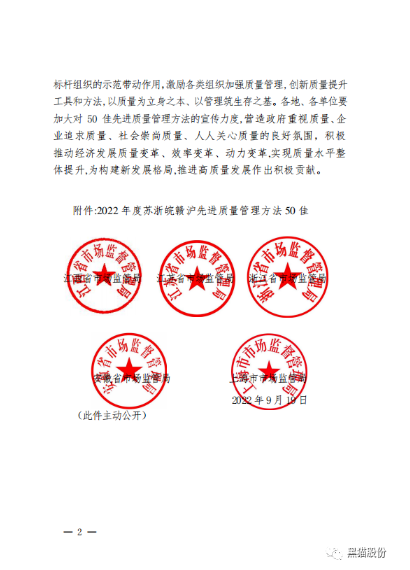 根據贛市質監函[2022]7號文件通知，黑貓股份質量管理成果典型案例之《BIQS精專化鏈塊管理模式》榮獲2022年度蘇浙皖贛滬先進質量管理方法50佳，省局將編印成冊在各有關企業進行宣傳推廣。
