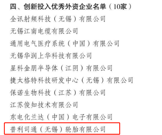 普利司通(無錫)輪胎有限公司進入創新投入優秀外資企業名單