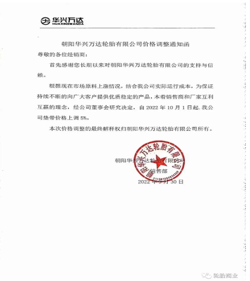 朝陽華興萬達輪胎有限公司發布價格調整通知函,自2022年10月1日起,公司墊帶價格上調5%。 朝陽華興萬達輪胎有限公司發布價格調整通知函,自2022年10月1日起,公司墊帶價格上調5%。