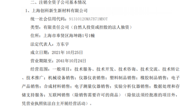 北化高科擬注銷子公司上海創科新生新材料有限公司