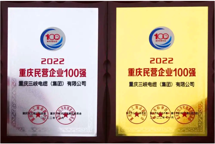 三峽電纜蟬聯“重慶民營企業100強”“重慶制造業民營企業100強”