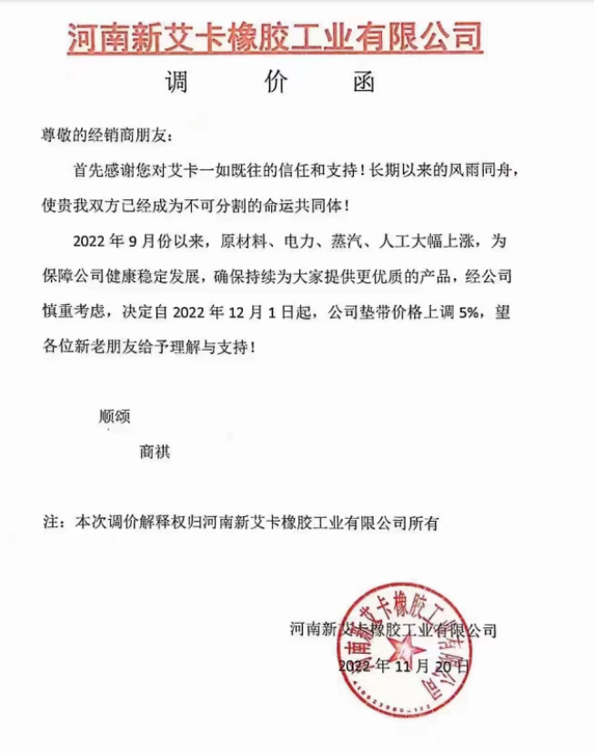 河南新艾卡橡膠工業有限公司表示,2022年9月以來,原材料、電力、蒸汽、人工大幅上漲,自12月1日起,墊帶價格上調5%。 河南新艾卡橡膠工業有限公司表示,2022年9月以來,原材料、電力、蒸汽、人工大幅上漲,自12月1日起,墊帶價格上調5%。