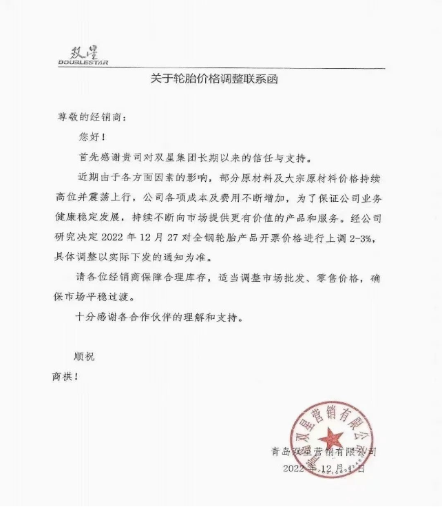 雙星、雙錢、成山、玲瓏 宣布12月份漲價(jià)