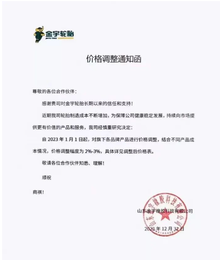 金宇輪胎表示,由于近期輪胎制造成本不斷增加,自2023年1月1日起,對旗下各品牌進行價格調整,結合不同產品成本情況,價格調整幅度為2-3%。 金宇輪胎表示,由于近期輪胎制造成本不斷增加,自2023年1月1日起,對旗下各品牌進行價格調整,結合不同產品成本情況,價格調整幅度為2-3%。