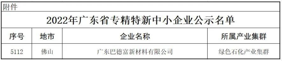 　巴德富榮獲廣東省“專精特新”企業認定