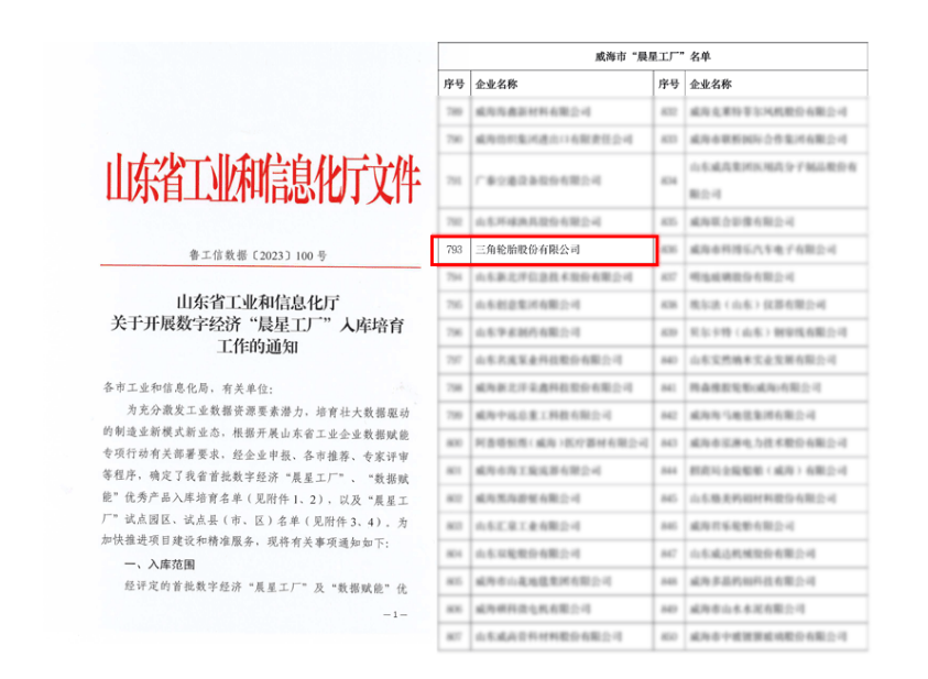 數字化升級成果顯著，三角輪胎榮登山東省“晨星工廠”