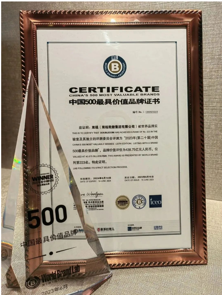 雙錢輪胎以其強大的品牌實力成功入選了“中國500最具價值品牌”排行榜，位列第223位，其品牌價值高達438億元。