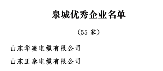 中共濟(jì)南市委、濟(jì)南市人民政府發(fā)布了《關(guān)于表彰濟(jì)南市優(yōu)秀企業(yè)和優(yōu)秀企業(yè)家的決定》，以激勵和表彰全市廣大企業(yè)和企業(yè)家在濟(jì)南經(jīng)濟(jì)社會發(fā)展中的卓越貢獻(xiàn)。經(jīng)過嚴(yán)格評選，55家企業(yè)被授予“泉城優(yōu)秀企業(yè)”稱號。其中山東華凌電纜有限公司、山東正泰電纜有限公司被授予“泉城優(yōu)秀企業(yè)”稱號。