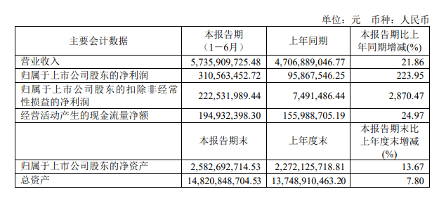 7月30日，三棵樹（603737）發布2023年半年度報告。財報顯示，公司今年上半年實現營業收入57.36億元，同比增長21.86%；歸母凈利潤為3.106億元，同比大幅增長224%。