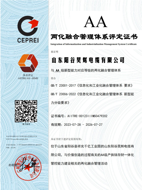 ，山東陽谷昊輝電纜有限公司在兩化融合管理體系貫標工作取得階段性成果，成功通過體系評定，并獲得由國家工信部授權的評定機構——廣州賽寶認證中心服務有限公司頒發的兩化融合管理體系AA級評定證書。