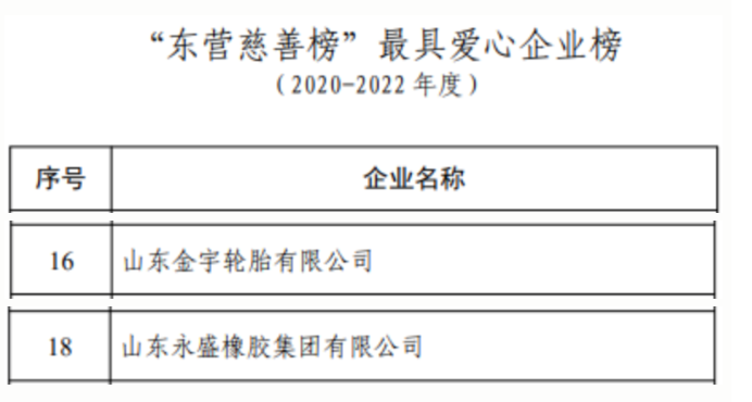 與此同時，金宇輪胎和永盛橡膠還榜上有名，入選了東營市最具愛心企業榜，這反映出這些企業在社會公益事業上的積極參與和貢獻。