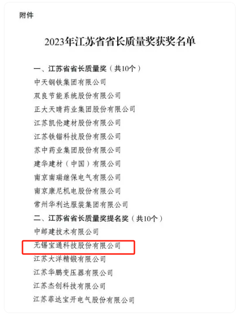 2023年度江蘇省省長質量獎正式揭曉，該獎項分為兩個類別，分別是“江蘇省省長質量獎”和“江蘇省省長質量獎提名獎”，每個類別評定數量不超過10個，包括組織和個人在內。其中，無錫寶通科技股份有限公司榮獲江蘇省省長質量獎提名獎。