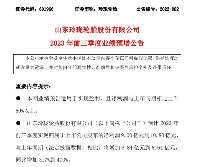 日前，山東玲瓏輪胎股份有限公司發布了2023年前三季度業績預增公告，預計實現歸屬于上市公司股東的凈利潤9.00億元到10.80億元，同比增加317%到400%。